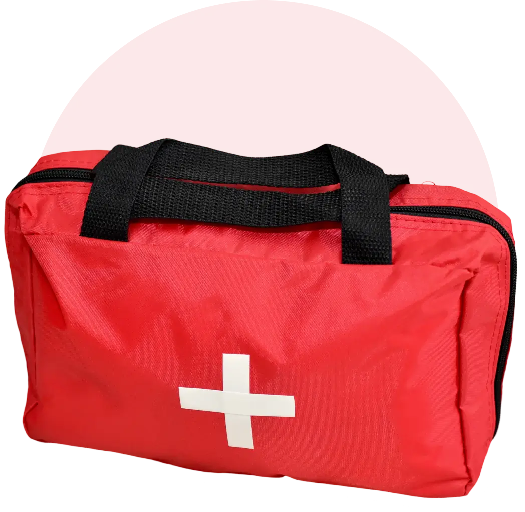 Red first aid kit with white cross.