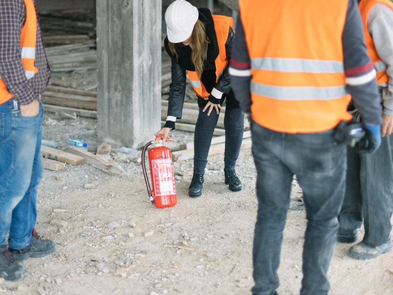 Woman inspecting fire extinguisher on construction site.