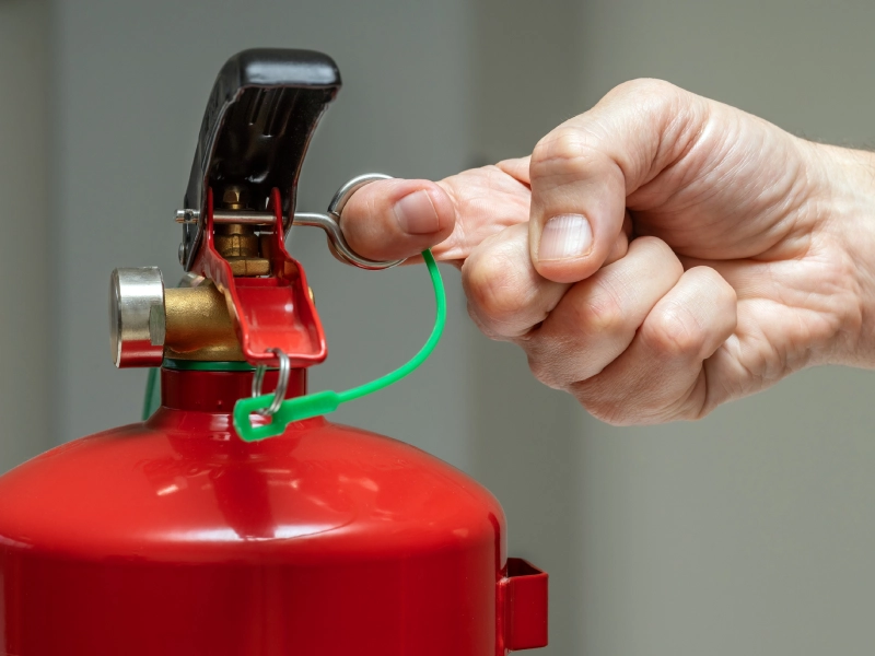 Hand pulling fire extinguisher pin.